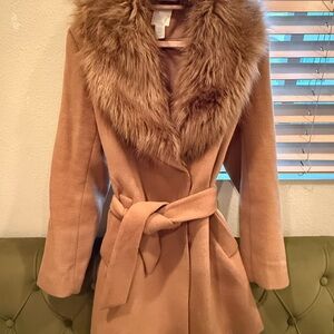 H&M Tan Coat with Faux Fur Collar